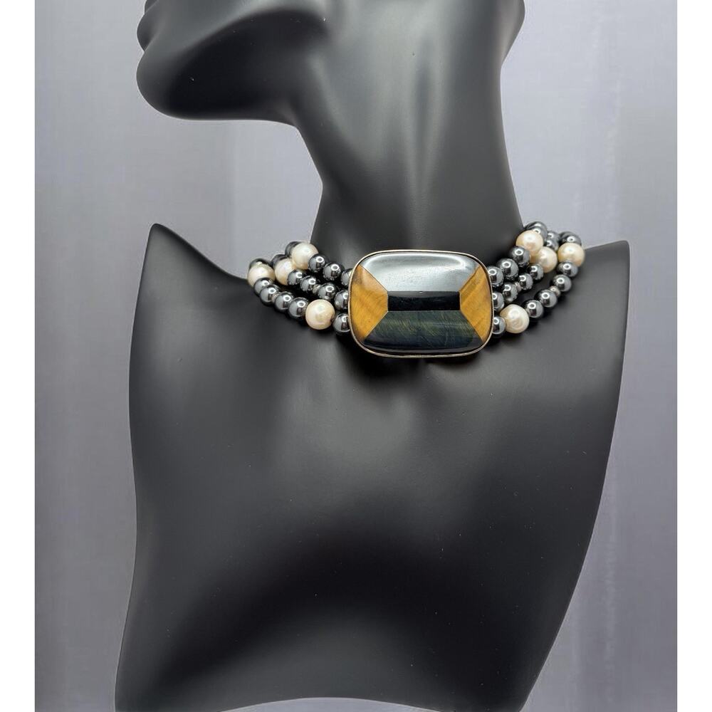 Kai-fin Co hematite, pearls w/ 925 tigers eye, black onyx, falcon eye chocker